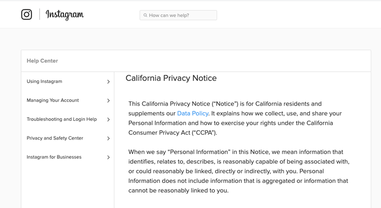 instagram's california privacy notice example