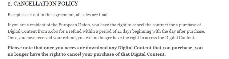 Kobo's cancellation policy