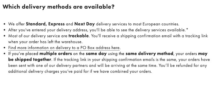 ASOS Europe shipping policy