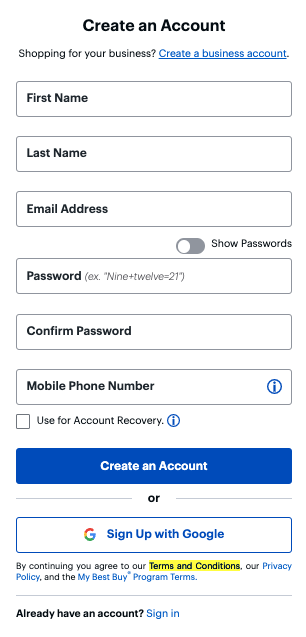 Best Buy terms and conditions new account creation page