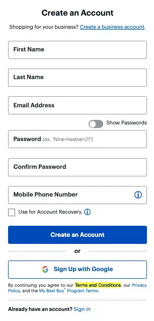 Best Buy terms and conditions new account creation page