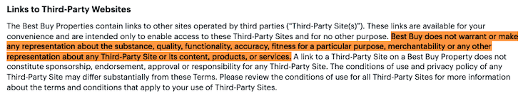 Best Buy terms and conditions third-party links clause
