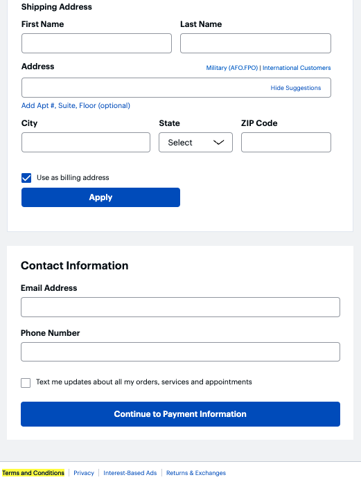 Best Buy terms of use payment screen