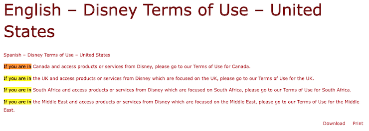 Disney terms of use statement for websites