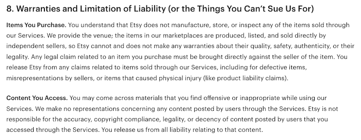 Etsy clause terms of use policy