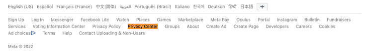 Facebook privacy center website footer