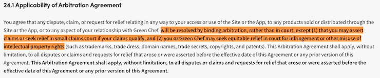 Green Chef binding arbitration