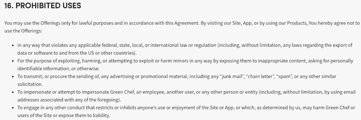 Green Chef terms of service