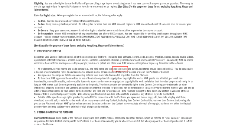 NIKE's Terms of Use page
