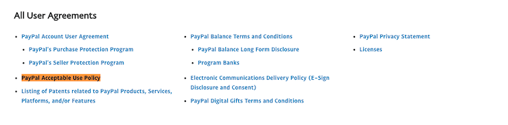 Paypal all user agreements