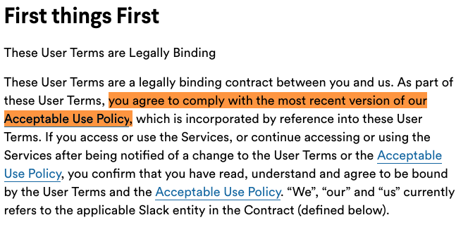 Slack acceptable use clause
