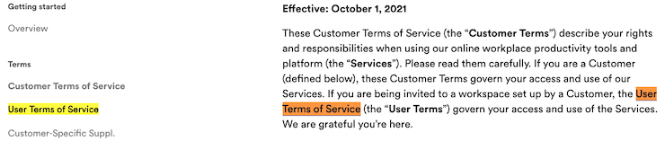 Slack terms of service page