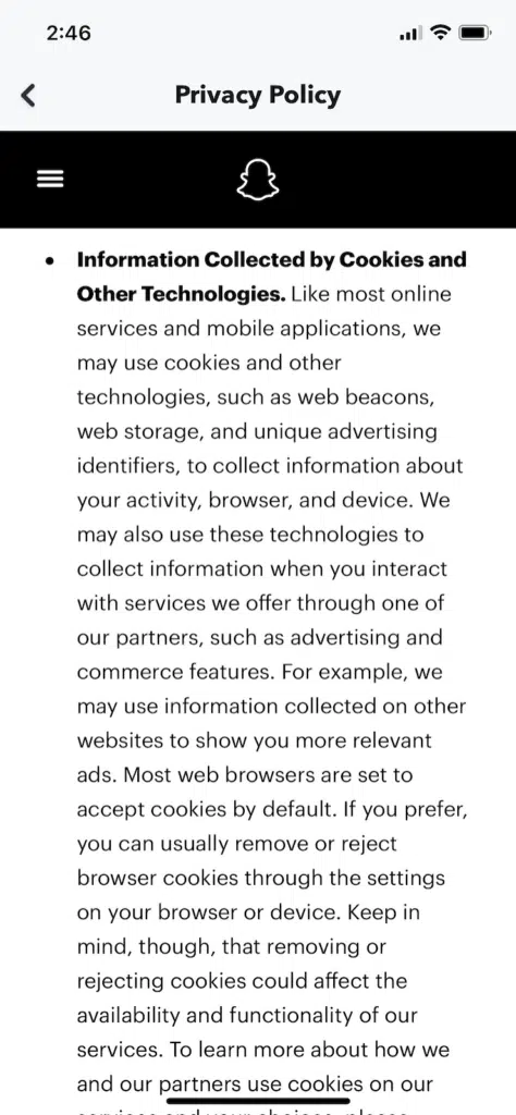 Snapchat-clause cover-cookies-trackers-privacy-policy