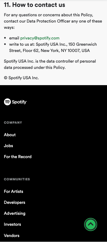 Spotify Google Play Store Privacy Policy Example_Contact Information