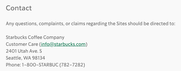 Starbucks updated contact information acceptable use policy