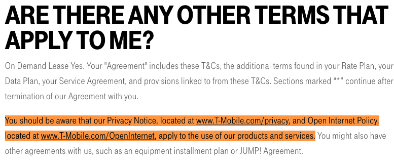 T Mobile Terms and Conditions agreement