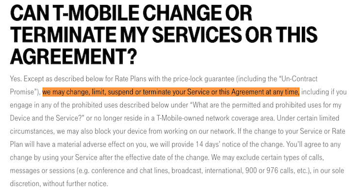 T Mobile Terms and Conditions clause