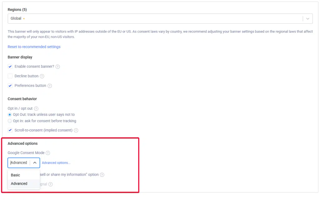 Termly Google Consent Mode Settings