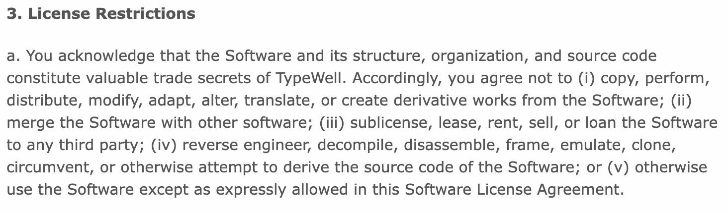 Typewell License Restritions eula image