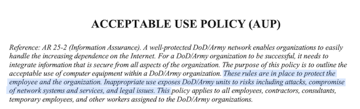 US Army acceptable use policy