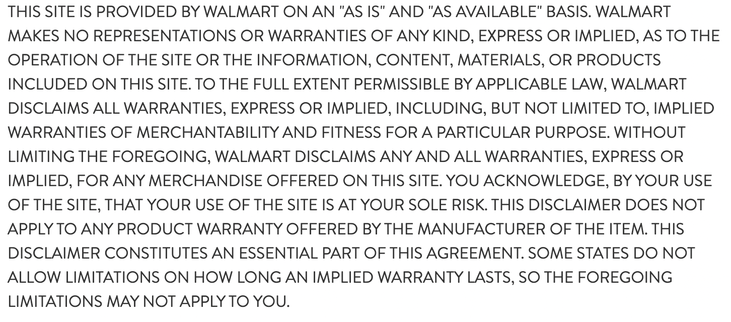 Walmart website disclaimer