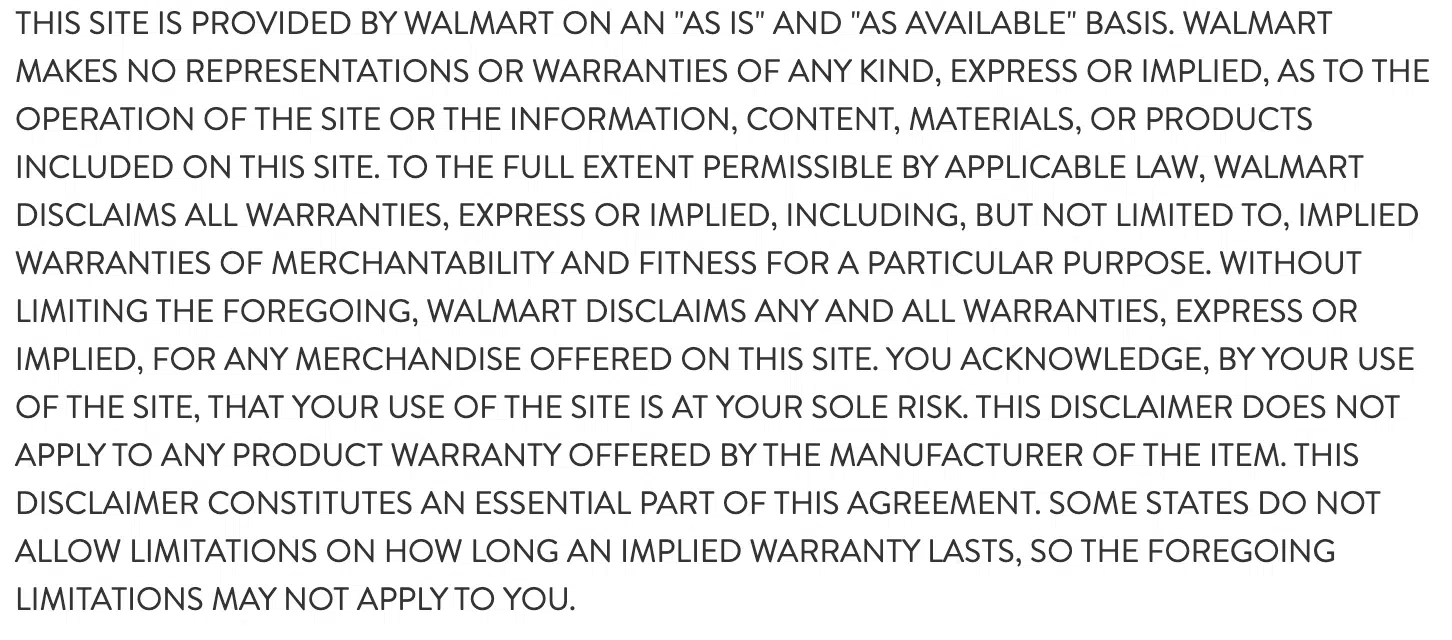 Walmart website disclaimer