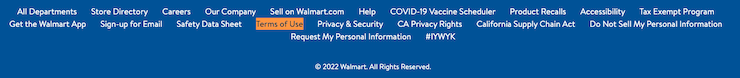 Walmart website terms of use linked in the footer