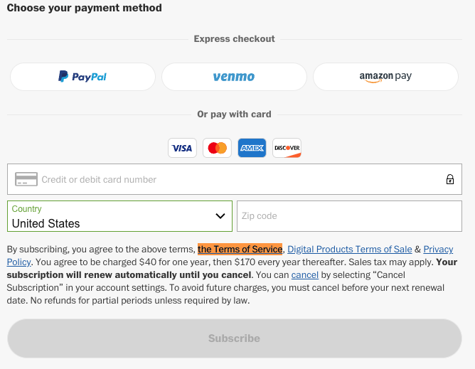 Washington Post link terms of service payment page