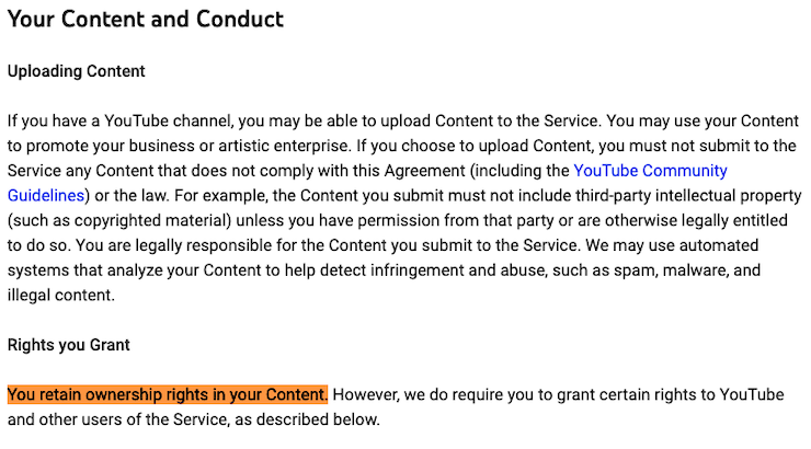 YouTube terms of service clause