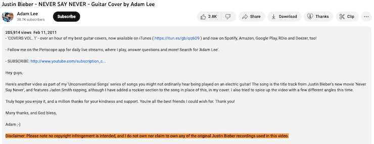 YouTuber-Adam-Lee-music-disclaimer-in-description