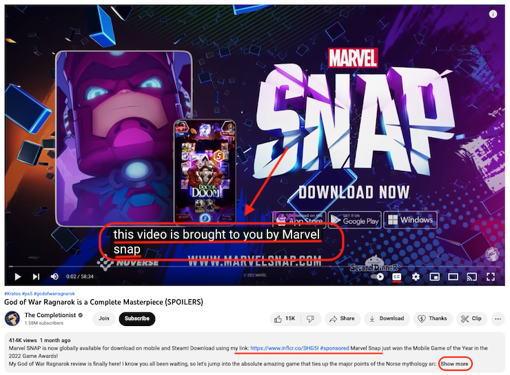 YouTuber-The-Completionist-sponsorship-Marvel Snap-FTC-guidelines.