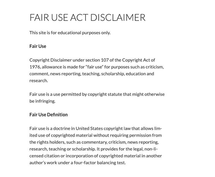 Fair Use Copyright Disclaimer Template