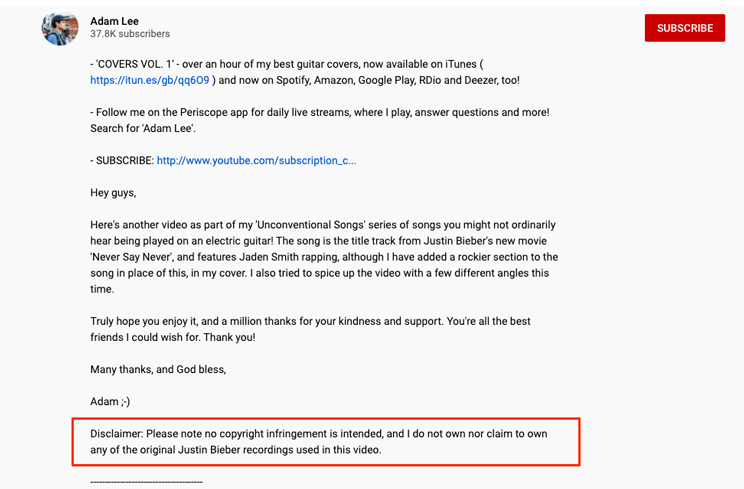Adam Lee's YouTube disclaimer for music