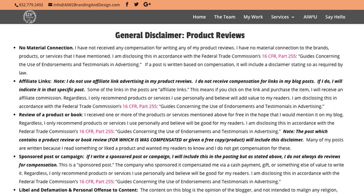 AIW's product review disclaimer