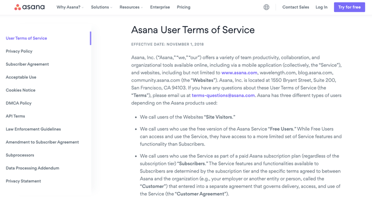 Asana's terms of service