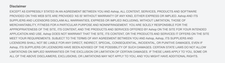 Ashop's product disclaimer
