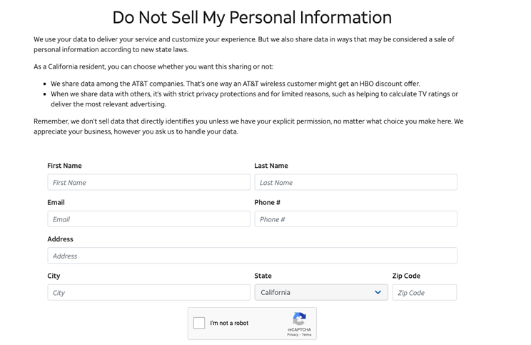 at&t do not sell my personal information page example