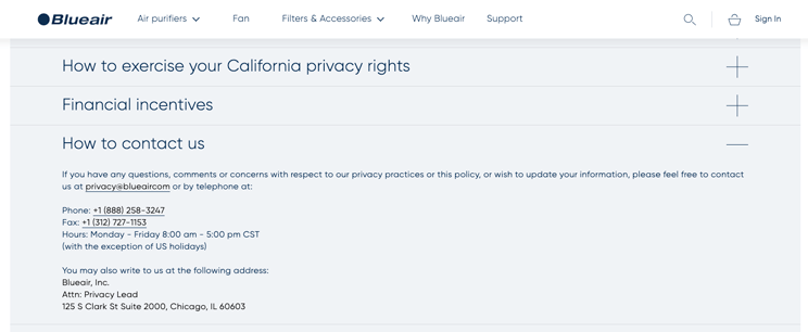 blueair privacy policy contact information