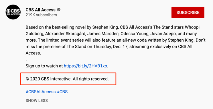 CBS YouTube copyright disclaimer example