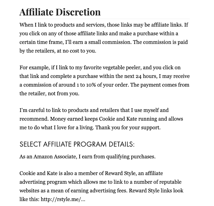 example of an affiliate disclaimer page from cookie and kate cooking blog