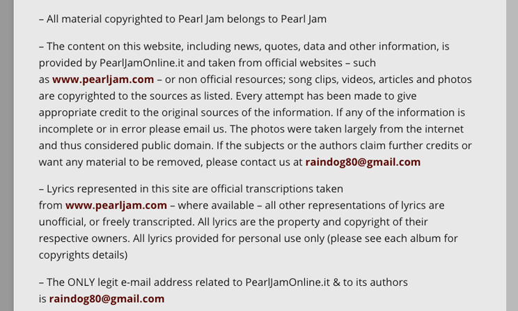 example of copyright blog disclaimer from Pearl Jam's website