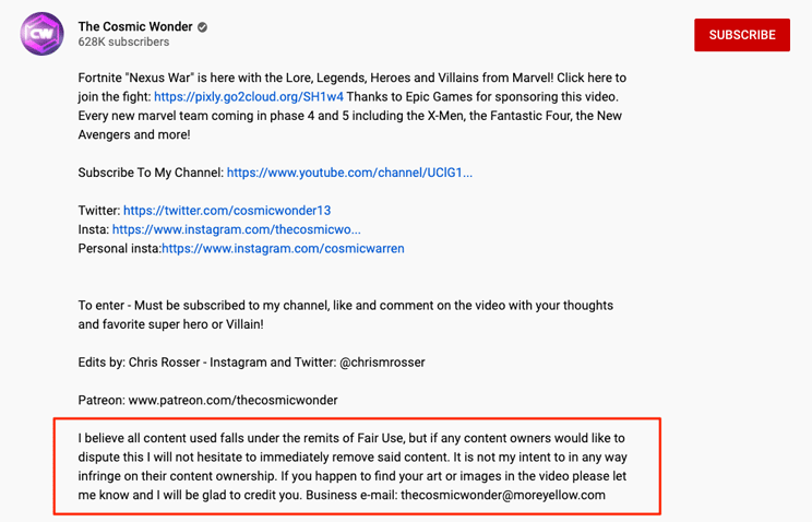 Cosmic Wonder's YouTube fair use disclaimer example