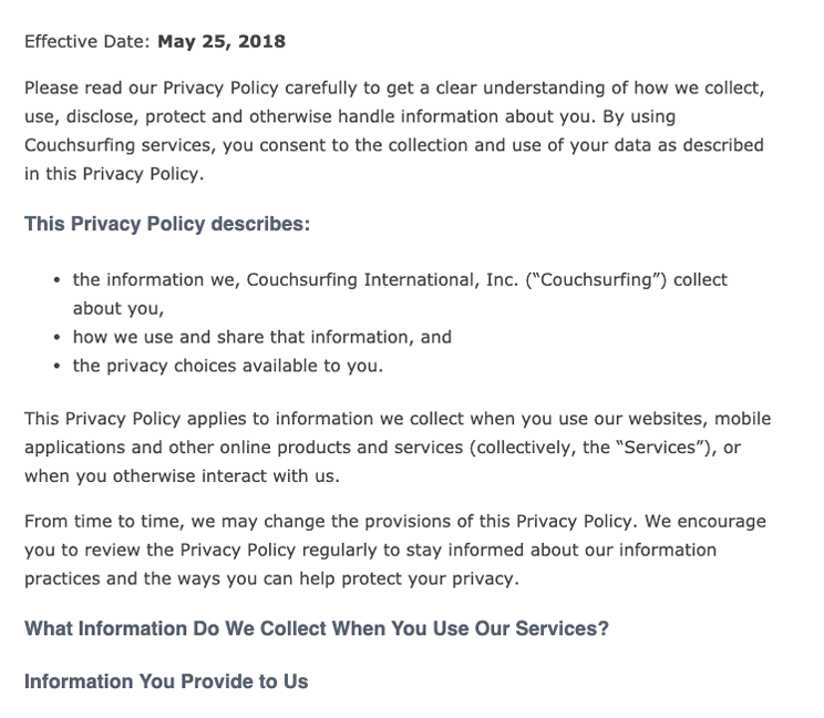 example of a privacy policy update email from couchsurfing