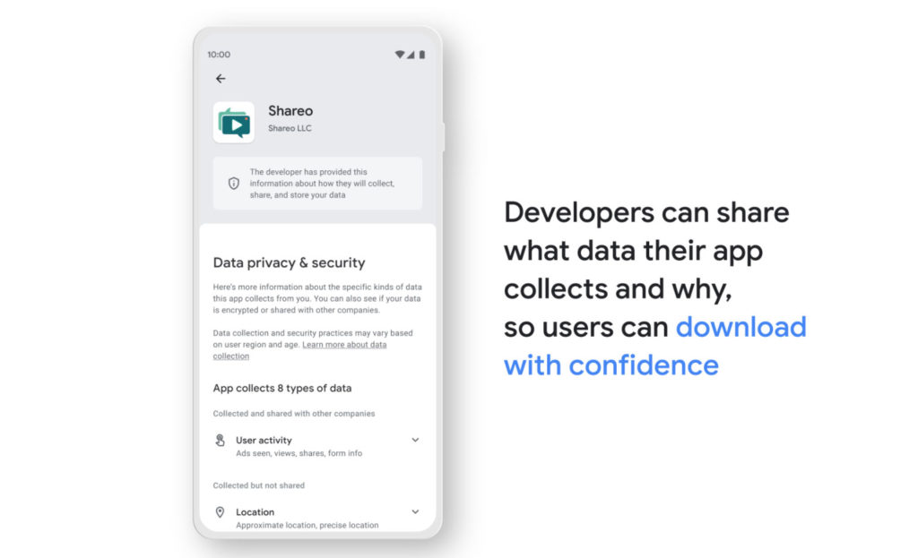 screenshot example of new google play store data privacy and security section - "Developers can share what data their app collects and why, so users can download with confidence"