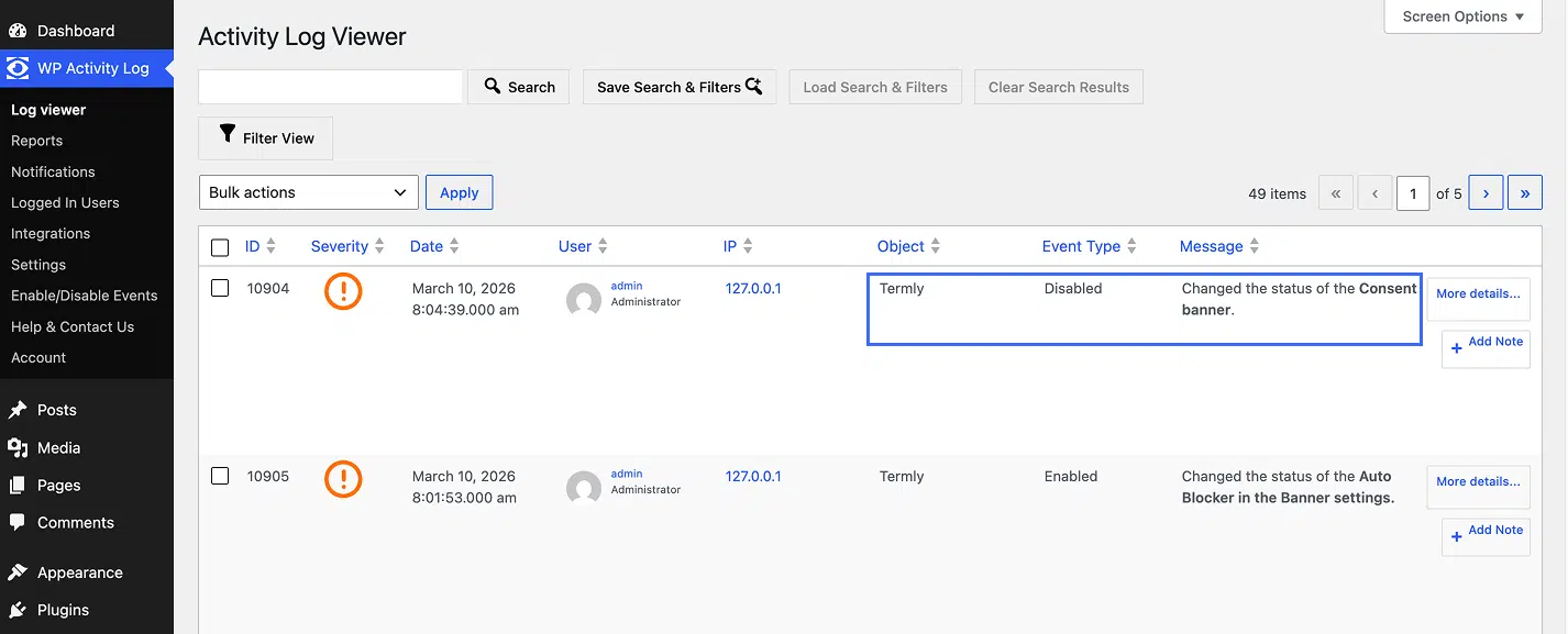 example of disabling consent banner in WP Activity Log plugin