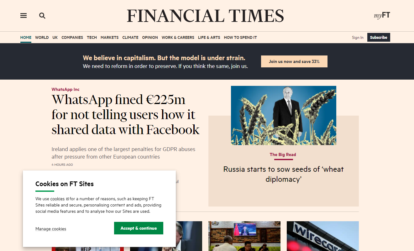 financial times cookie consent pop up