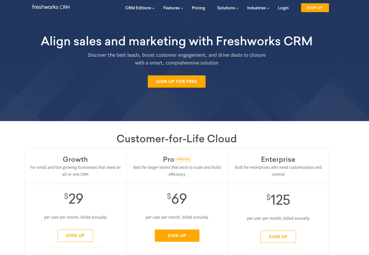 Freshworks CRM pricing page