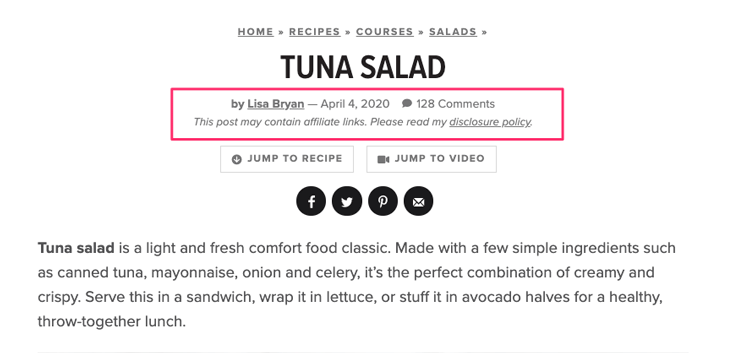 ftc affiliate disclosure on a blogger's tuna salad recipe