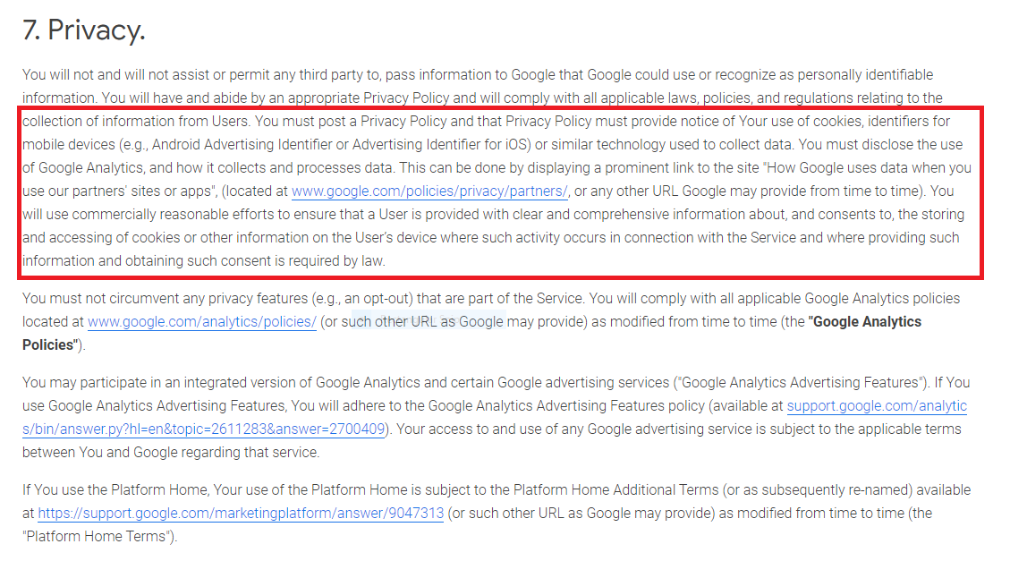  condiciones del servicio de google analytics