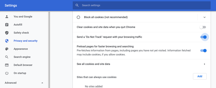 Google Chrome Do Not Track settings
